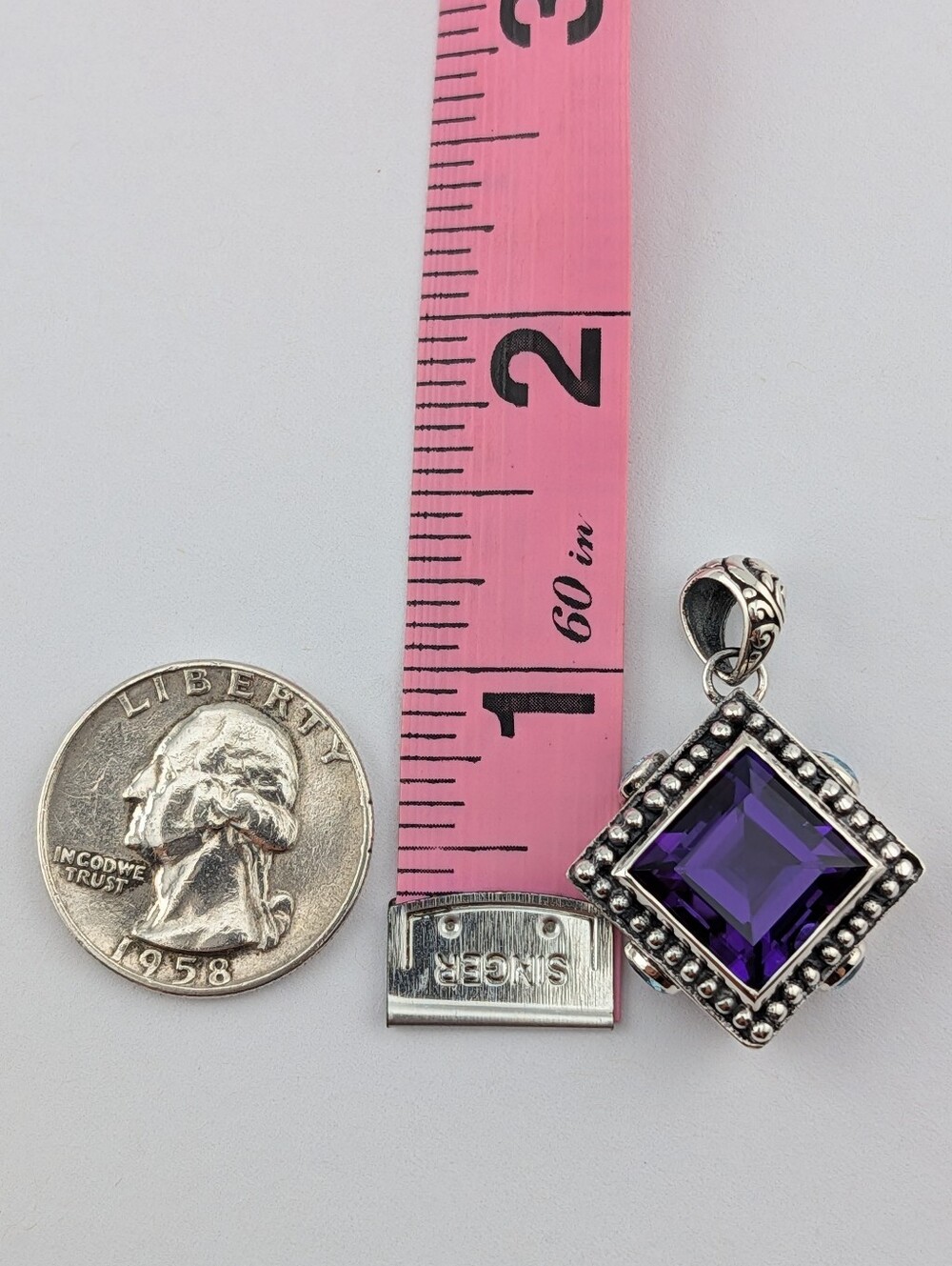 8 Carat Princess Cut Amethyst And Blue Topaz Sterling Silver Pendant Handcrafted - Picture 2 of 9